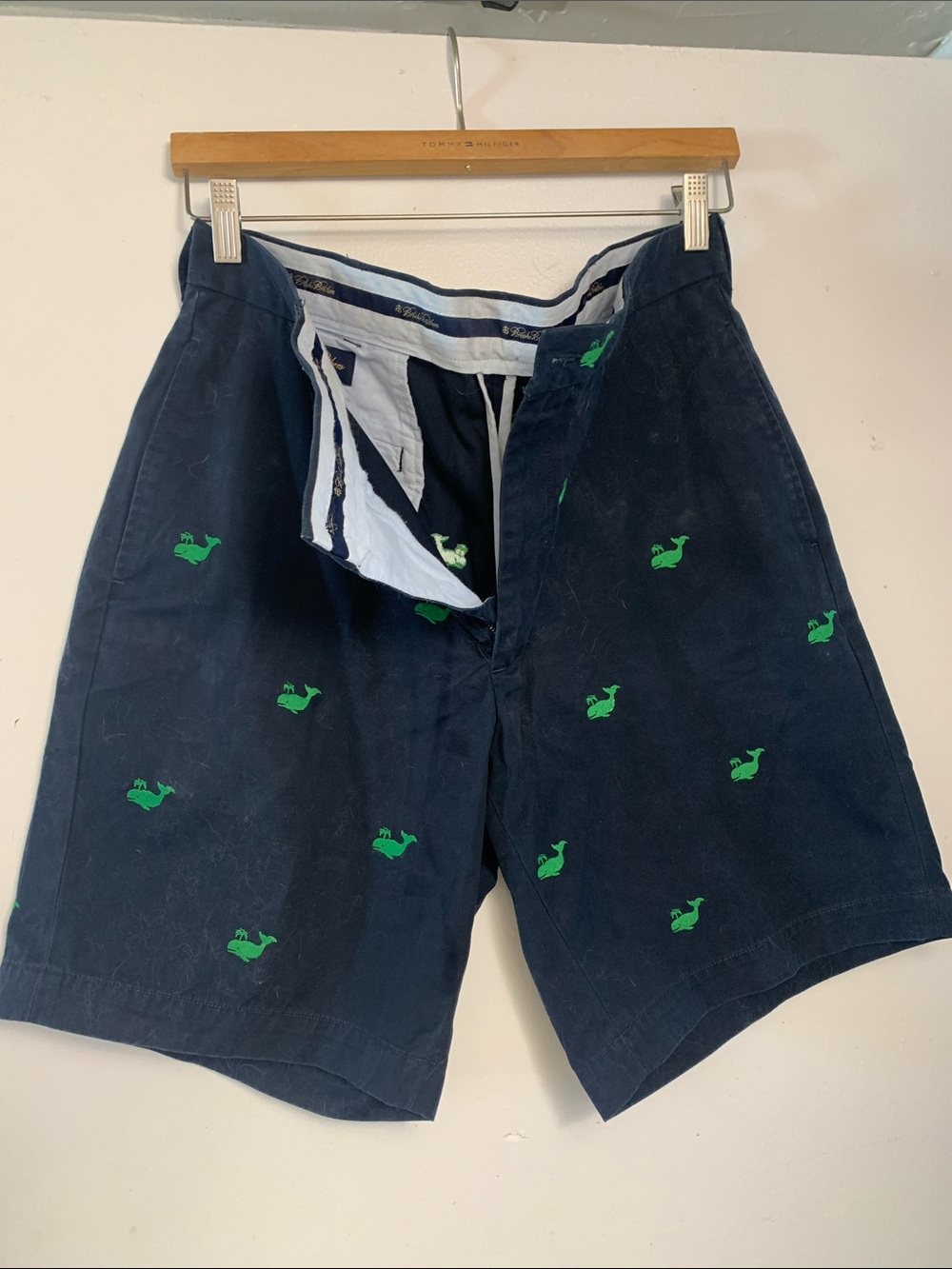 Brooks Brothers Navy Flat-Front Shorts with Green Whale Embroidery